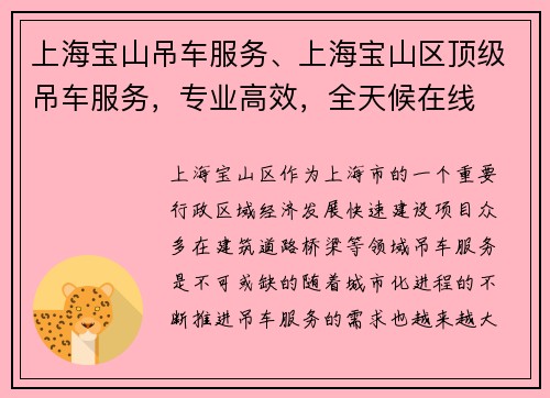 上海宝山吊车服务、上海宝山区顶级吊车服务，专业高效，全天候在线