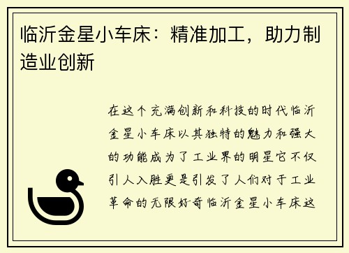 临沂金星小车床：精准加工，助力制造业创新